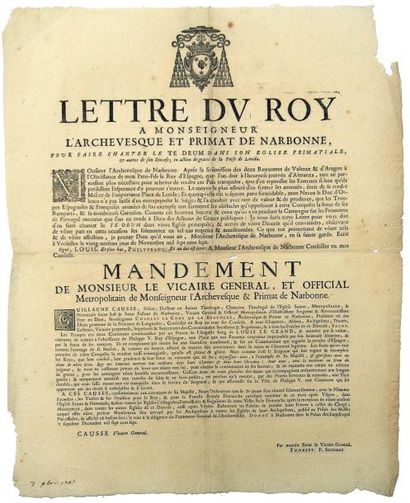 null 1707 - (AUDE) - PRISE DE LERIDA Lettre du Roy à Mgr l'Archevêque et Primat de...