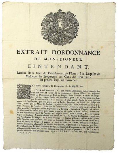 null 1711 - PROVENCE - PÉAGE - « Extrait d'ordonnance de Monseigneur l'Intendant...