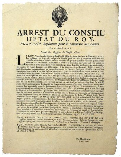 null 1716 - CHAMPAGNE - COMMERCE DES LAINES - « Arrêt du Conseil d'Etat du Roy, portant...