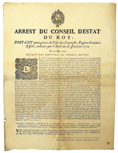 null 1721 - GÉNÉRALITÉ DE BORDEAUX - "Arrest du Conseil d'Estat du Roy, portant prorogation...