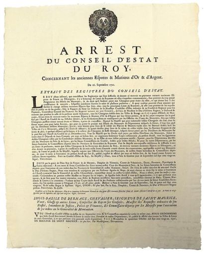 null 1721 - MONNAIES D'OR & D'ARGENT - Arrest du Conseil d'Estat du Roy, concernant...