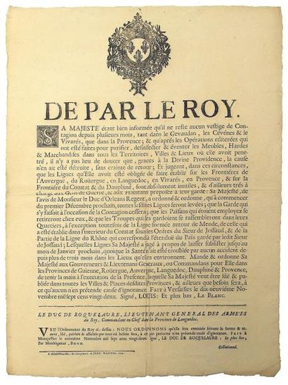 null 1722 - LANGUEDOC - Levée des LIGNES DE LA PESTE - BLOCUS DU GEVAUDAN - "De par...