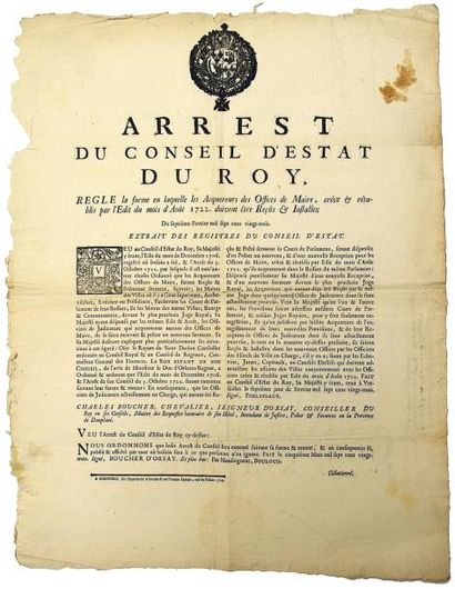 null 1723 - DAUPHINÉ - OFFICE DE MAIRE - "Arrest du Conseil d'Estat du Roy, qui Règle...