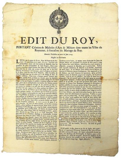 null 1725 - ARTS & METIERS - « Edit du Roy, portant Création de Maîtrises d'Arts...