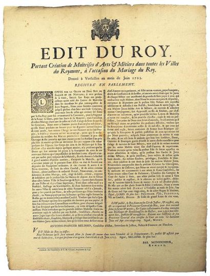 null 1725 - FLANDRES - MARIAGE DU ROI - "Édit du Roy, portant Création de Maîtrises...
