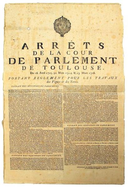 null 1726 - TOULOUSE (31) - « Arrêt de la Cour de Parlement de Toulouse, des 16 Avril...