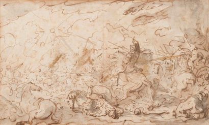 Attribué à Joseph PARROCEL le VIEUX - (1646 -1704) Scène de bataille - Plume et encre...