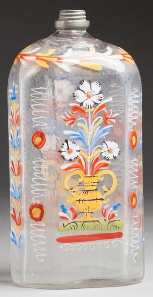 null Flacon à pharmacie en verre soufflé à décor - émaillé polychrome de vases fleuris....