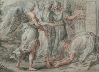 École FLAMANDE du XVIIIème siècle Abraham et les trois anges - Pierre noire, sanguine...