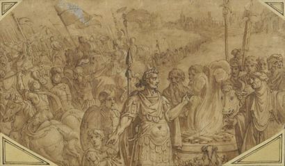 École ITALIENNE vers 1600 Empereur romain devant le champ de bataille (Mucius Scevola...