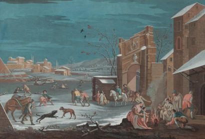 PERGAUT (Actif à la fin du XVIIIème siècle) Scène de village en hiver - Gouache -...