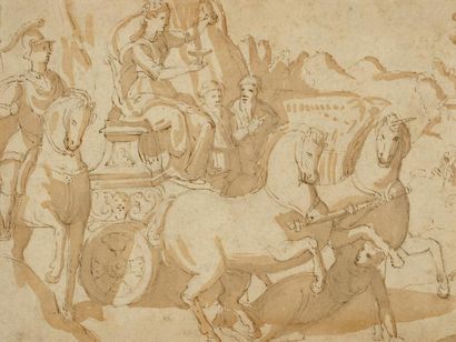 Ecole italienne du XVIIe siècle Triomphe d?une reine sur son char - Plume et lavis...