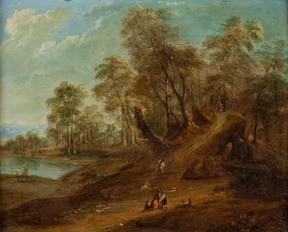 Attribué à Pieter II GYSELS (1651 - 1675) Groupe de personne au repos dans un paysage...