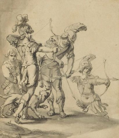 Ecole Italienne du XVIIIe siècle Archers tendant leurs arcs - Plume et lavis gris....