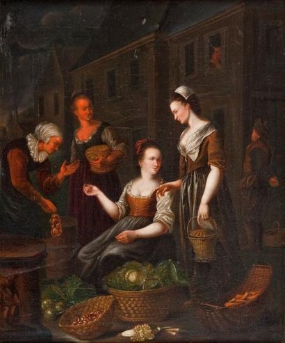 Attribué à Jan Joseph HOREMANS - (1714 - 1792) La marchande de légumes - Toile. -...