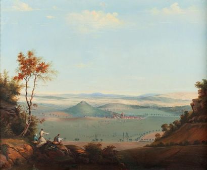 Ecole FRANCAISE vers1852 L?artiste devant un paysage - Sur sa toile et son châssis...