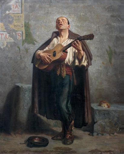 Emile BETSELLERE (Bayonne 1847 - 1890) Le guitariste de rue - Toile. - Signé en bas...