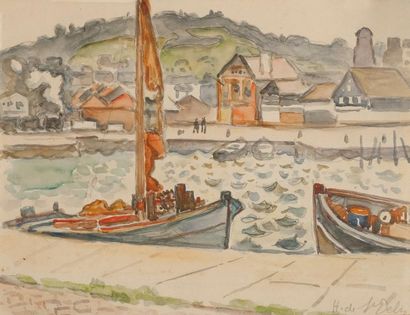 Henri Liénard DE SAINT-DELIS (1878-1949) L?avant port à Honfleur - Aquarelle. - Signée...