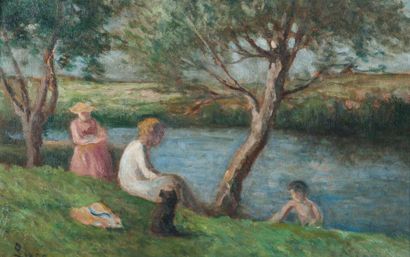 Maximilien Luce (1858-1941) Jeune femme et enfants sous les arbres, - Rolleboise...