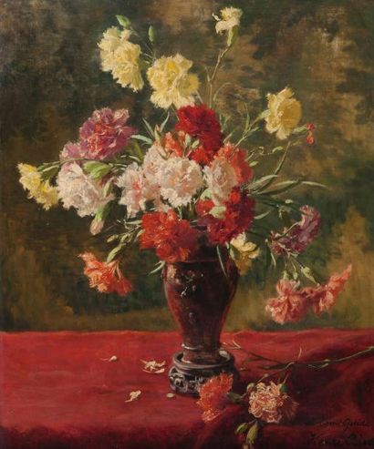 Henri BIVA (1848-1929) Vase d?oeillets - Huile sur toile. - Signée en bas à droite...