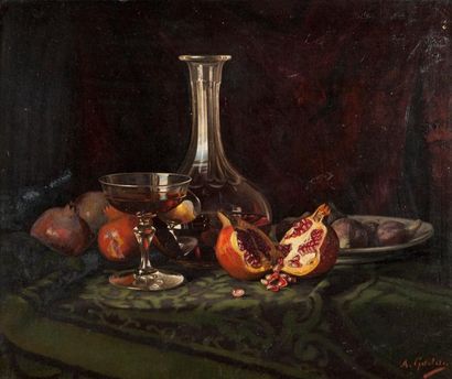 Antoine GADAN (1854-1934) Nature morte aux grenades - Huile sur toile. - Signée en...