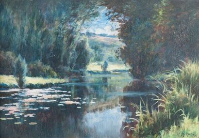 Mary RENARD (1849-1925) La rivière aux nénuphars - (probablement la Sarthe) Huile...