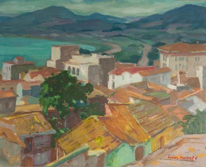 Lucien MARTIAL (1892-1987) Vue de village en bord de mer, Huile sur isorel, signée...