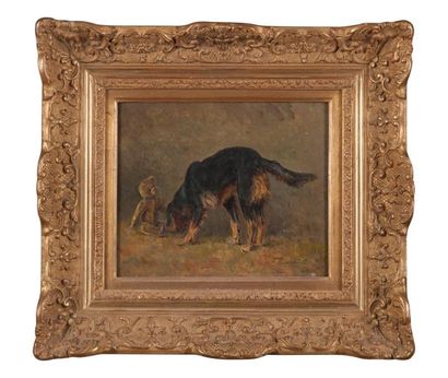 Jean-Jacques BERNE-BELLECOUR (1874 - 1939) Chien à la peluche Huile sur panneau,...