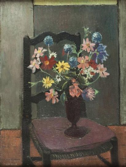 Claude SCHURR (né en 1921) Bouquet de fleurs sur une chaise Huile sur toile, signée...