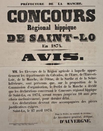 null MANCHE - " Concours Régional hippique de SAINT-LO en 1874 " - Avis aux Éleveurs...