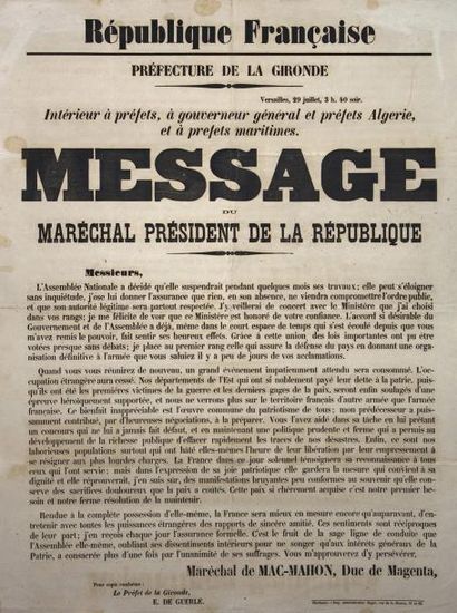 null (GIRONDE) - " MESSAGE du Maréchal de MAC-MAHON, Duc de Magenta, Président de...