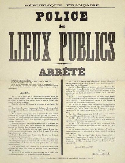 null SAÔNE-ET-LOIRE - " POLICE DES LIEUX PUBLICS " - Arrêté du Préfet Ernest HENDLE,...