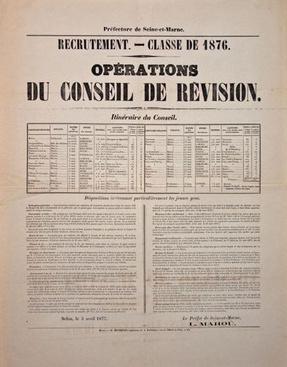 null SEINE-ET-MARNE - RECRUTEMENT - Classe de 1876 - " Opérations du Conseil de Révision...