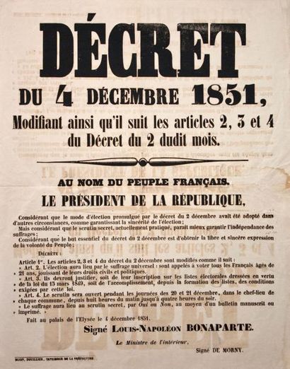  (Suite du Coup d'État du 2 décembre 1851) " DÉCRET du 4 Décembre 1851 ; modifiant...