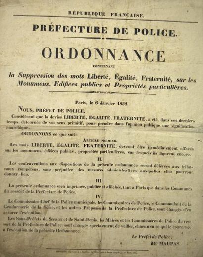 PARIS le 6 Janvier 1852 - Ordonnance du Préfet...
