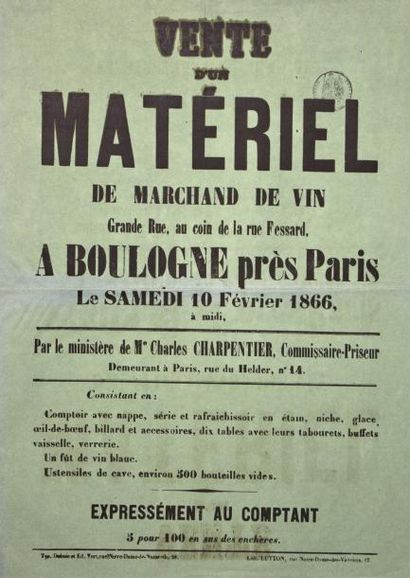 null 1866 - MARCHAND DE VIN à BOULOGNE (92) - Affiche de " Vente d'un Matériel de...