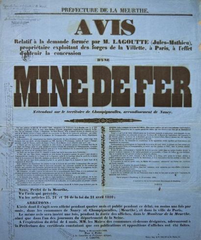 null MEURTHE - MINE DE FER - NANCY 20 Novembre 1866 - " Avis relatif à la demande...