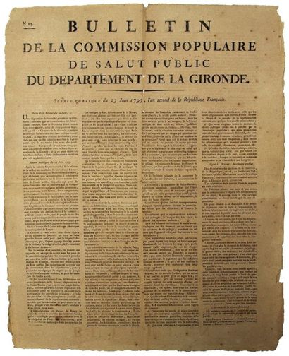  1793 - GIRONDE – « Bulletin de la COMMISSION POPULAIRE DE SALUT PUBLIC du Département...
