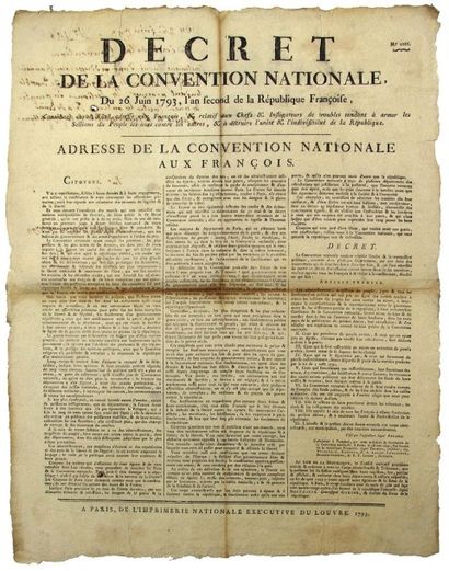 null "1793 - PARIS – « ADRESSE de la CONVENTION NATIONALE aux FRANÇAIS » - “Décret...