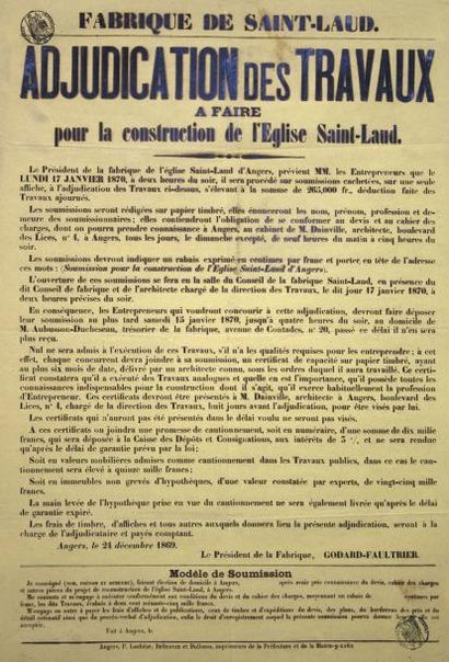 null ANGERS (Maine-et-Loire) 24 Décembre 1869 - " ADJUDICATION des Travaux à faire...