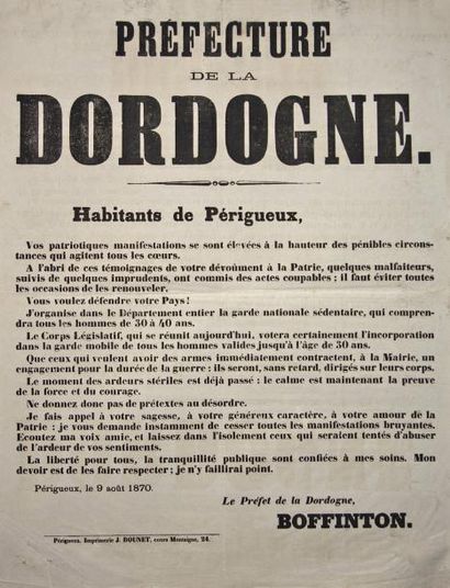 null Préfecture de la DORDOGNE - Périgueux 9 Août 1870 - " HABITANTS DE PÉRIGUEUX....