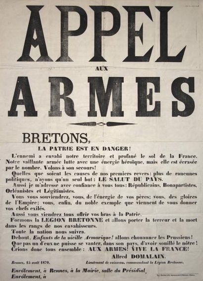 null RENNES (35), 15 Août 1870 - " APPEL AUX ARMES ; BRETONS, La Patrie est en danger...