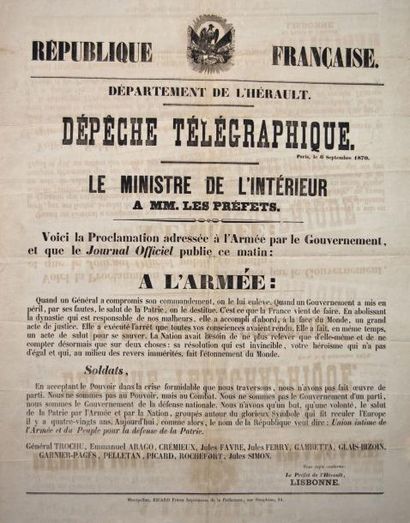 null (HÉRAULT) - Dépêche télégraphique de PARIS le 6 Septembre 1870 - Le Ministre...