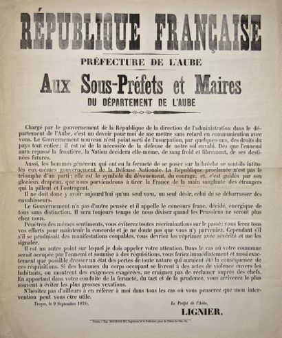 null TROYES, le 9 Septembre 1870 - " Préfecture de l'AUBE, aux Sous-Préfets et Maires...