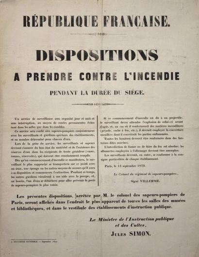 null (SIÈGE DE PARIS - SAPEURS-POMPIERS) - PARIS le 13 Septembre 1870 - " Dispositions...