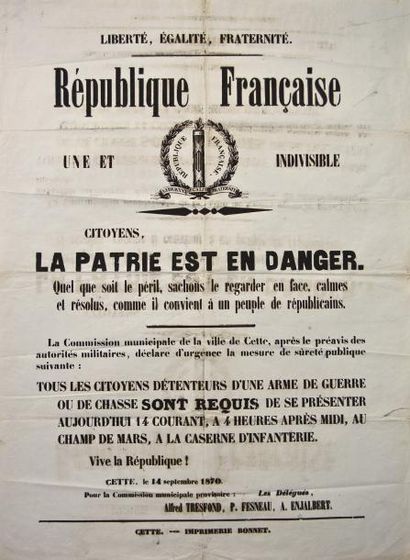 null HÉRAULT - CETTE (Sète) le 14 Septembre 1870 - " République Française. LA PATRIE...