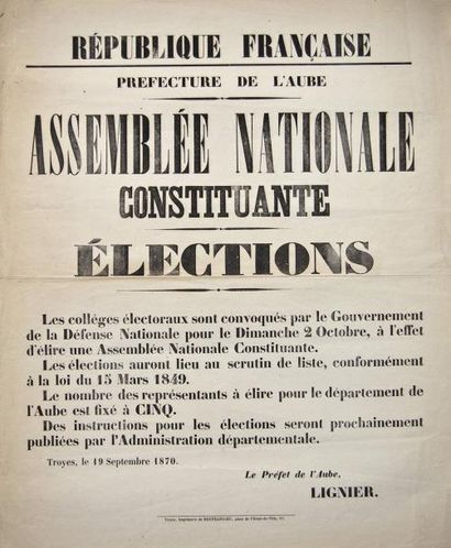 null TROYES, le 19 Septembre 1870 - Préfecture de l'AUBE - ÉLECTIONS DE L'ASSEMBLÉE...