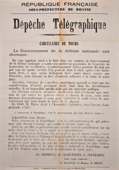 null Sous-Préfecture de ROANNE - " LE GOUVERNEMENT DE LA DÉFENSE NATIONALE (Ad. Crémieux,...