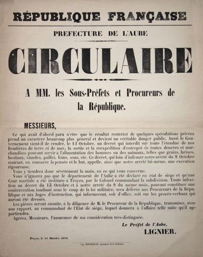 null TROYES le 14 Octobre 1870 - Préfecture de l'AUBE - " CIRCULAIRE à MM. Les Sous-Préfets...