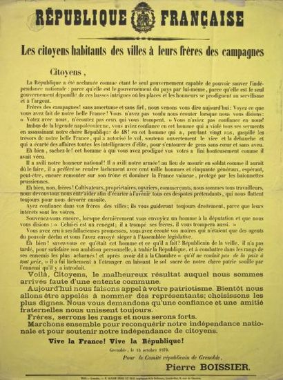 null GRENOBLE (Isère) 15 Octobre 1870 - " RÉPUBLIQUE FRANÇAISE. LES CITOYENS Habitants...
